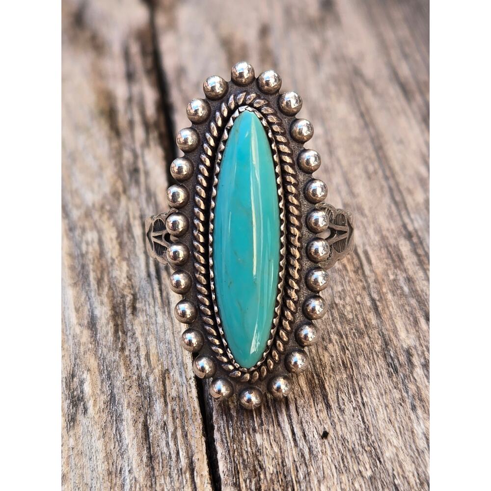 Vintage Navajo Fred Harvey Era 925 Sterling Silver Elongated Turquoise Ring, 7 - Picture 8 of 9